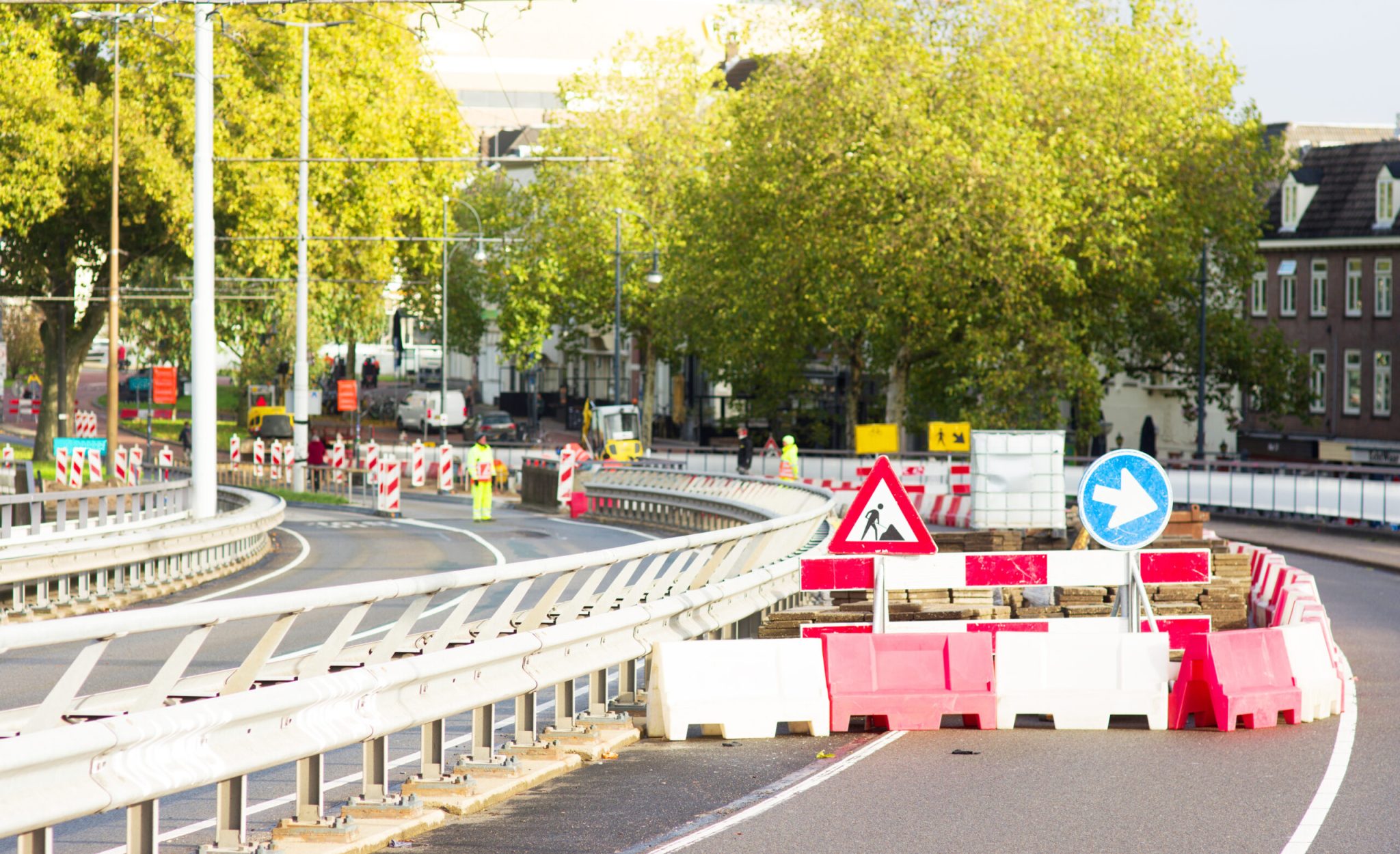 Work site closed with roadblocks for road works in the Netherlands